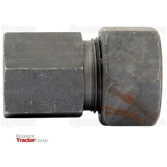 Close-up of a hexagonal hydraulic metal pipe female stud coupling with visible 1/2'' BSP threading, labeled "Massey Tractor Parts" and watermarked "Sparex." This precision-engineered coupling is the Hydraulic Metal Pipe Female Stud Coupling G.A.V. 18L - 1/2''BSP, Sparex Part No. S.34155 from the brand Sparex.