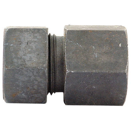 A close-up view of a well-worn Sparex Hydraulic Metal Pipe Female Stud Coupling G.A.V. 22L - 3/4'' BSP (Sparex Part No.S.34156) displaying its threading and robust construction, reminiscent of a well-used BSP type fitting.