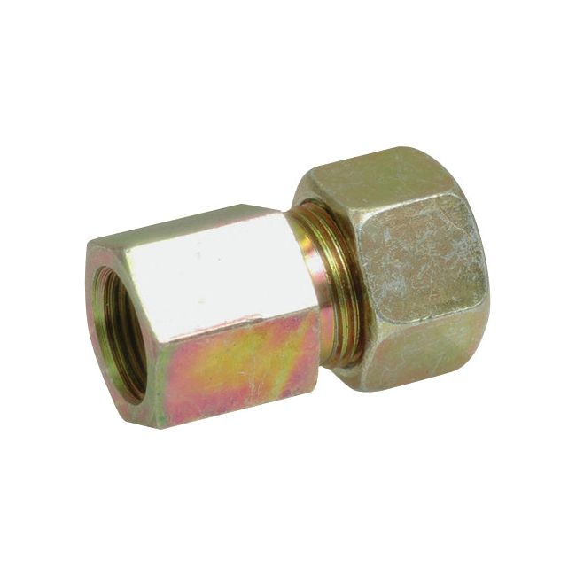 The Sparex Hydraulic Metal Pipe Female Stud Coupling G.A.V. 8L - M12 x 1.5 (Sparex Part No.S.34141) is a metal compression pipe fitting with hexagonal ends, commonly used in plumbing applications for connecting pipes with metric threads.