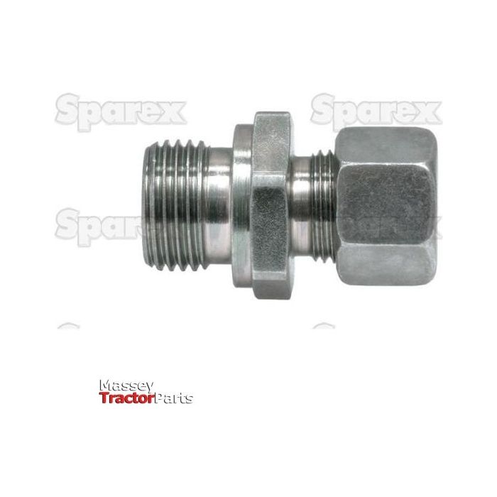 Close-up image of the Hydraulic Metal Pipe Male Stud Coupling GEV 6LR3/8 (Sparex Part No.S.34334), showcasing a threaded section on the left and a hexagonal nut on the right. In the background, branding for "Sparex" and "Massey Tractor Parts" is visible.