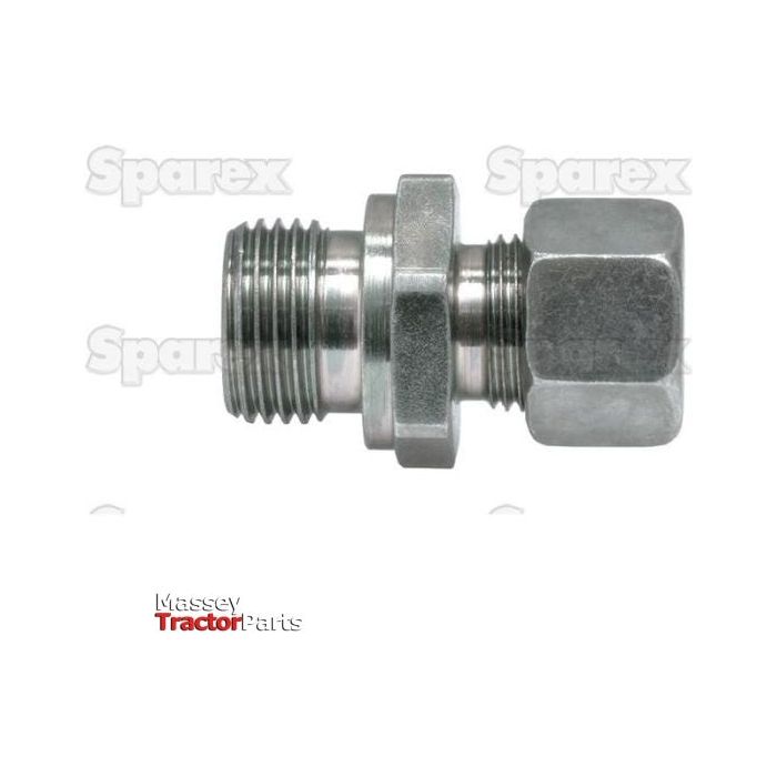 Close-up of a metallic hydraulic metal pipe male stud coupling with BSP Thread, labeled "Massey Tractor Parts" and "Sparex" in the background. The part is identified as Sparex Part No.S.34066, named G.E.V. 15L - 1/2''BSP.