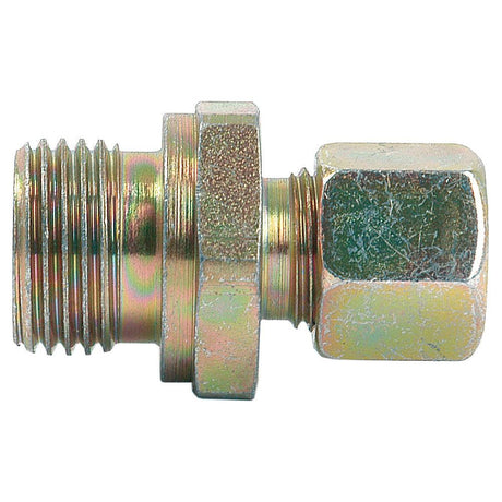 Close-up of a metallic hydraulic metal pipe fitting with male threads on one end and a hexagonal nut on the other, resembling a Sparex Hydraulic Metal Pipe Male Stud Coupling G.E.V. 20SR3/4 (Part No.S.23269).