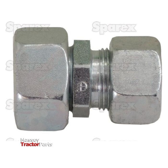 A close-up image of a Hydraulic Metal Pipe Step Adaptor 18L - 12L featuring square ends and a threaded connector, labeled with "Sparex" and "Massey Tractor Parts." The adaptor also displays the model number "S.34283.