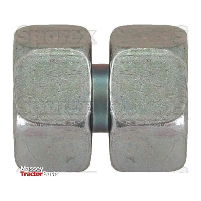 Close-up of a metal nut for machinery, featuring a textured surface and cylindrical center. The words "Massey Tractor Parts" are in the lower left corner, next to a Sparex Hydraulic Metal Pipe Straight Coupling 12S M20X1.5 (Sparex Part No.S.34717).