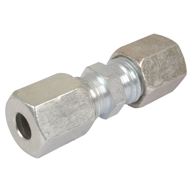 Close-up of the Sparex Hydraulic Metal Pipe Straight Coupling 16S M24X1,5MM (Sparex Part No. S.34706), featuring threaded hexagonal ends, specifically designed for connecting two sections of hydraulic metal pipe.