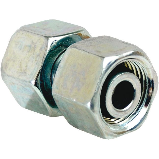 A close-up of a Sparex Hydraulic Metal Pipe Straight Coupling 8L M14X1.5 (Sparex Part No.S.34710) with hexagonal nuts on either end, designed for connecting M14X1.5 pipes or tubing.
