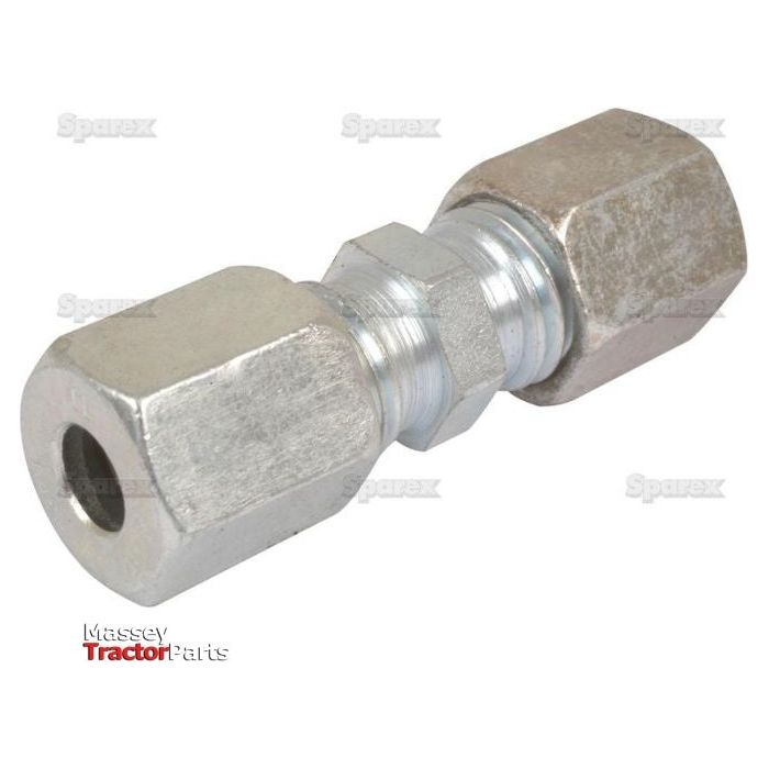 Close-up of the Hydraulic Metal Pipe Straight Coupling G.V. 6L, Sparex Part No. S.34040, featuring hexagonal ends and a central threaded section, used for connecting two pieces of pipe or tubing. Ideal for Pipe O/D 6mm. Logos for "Spares" and "Massey Tractor Parts" in the background.