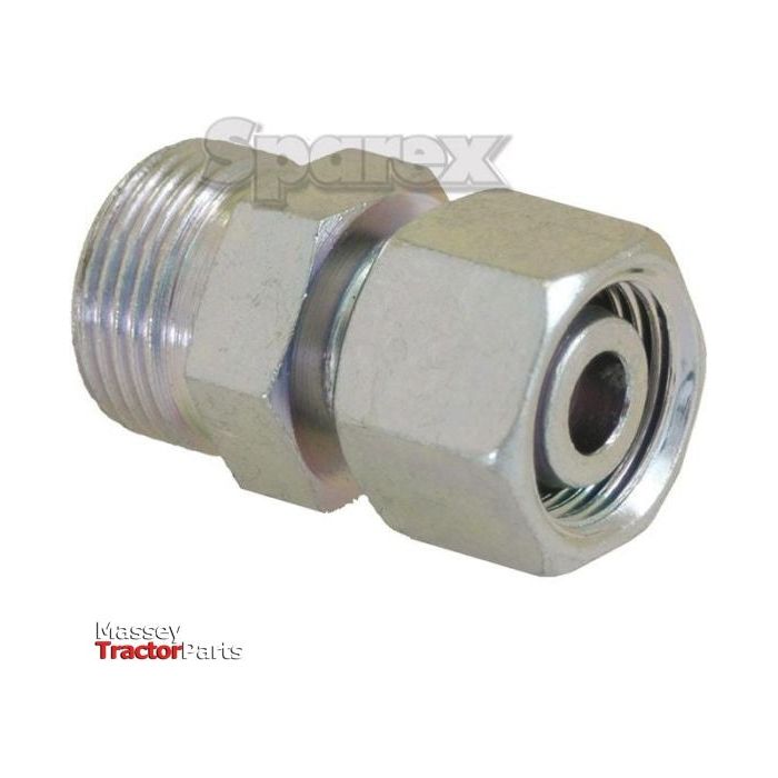Image of a Hydraulic Metal Pipe Straight Reducer Coupling 8L / 10L (Sparex Part No. S.34730) featuring threads on one end and a hexagonal nut on the other, functioning as a straight reducer coupling. The background prominently features the Sparex logo and Massey Tractor Parts logos.