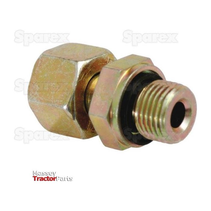 A brass hydraulic fitting with threaded ends, an O-ring, and a hexagonal nut, labeled "Massey Tractor Parts" and "Hydraulic Metal Pipe Stud Coupling M16X1.5 / 12L | Sparex Part No.S.34758" in the background.