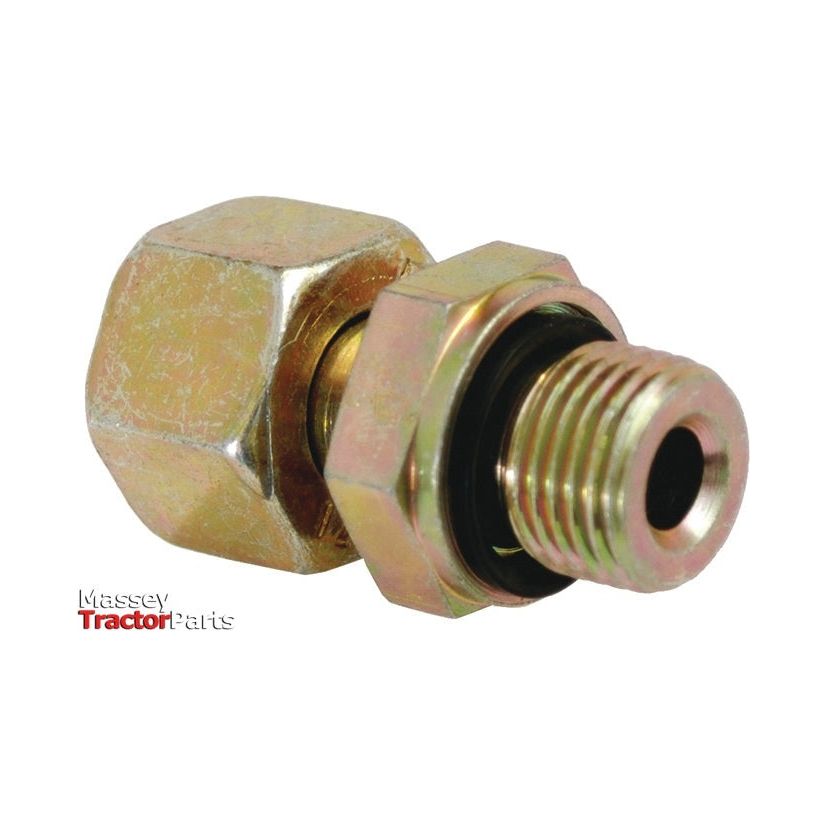 A brass Hydraulic Metal Pipe Stud Coupling adapter fitting with two hexagonal ends and a threaded male connector on one side. The Sparex logo is visible in the lower left corner. Available for size M16X1.5 as Sparex Part No.S.34758 and compatible with Massey Tractor Parts products.