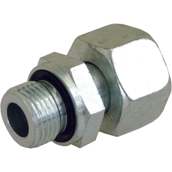 A hydraulic fitting like the Sparex Hydraulic Metal Pipe Stud Coupling M26X1.5 / 22L (Sparex Part No. S.34761), featuring a threaded male end and a hexagonal nut, is used for connecting pipes or hoses in hydraulic systems.