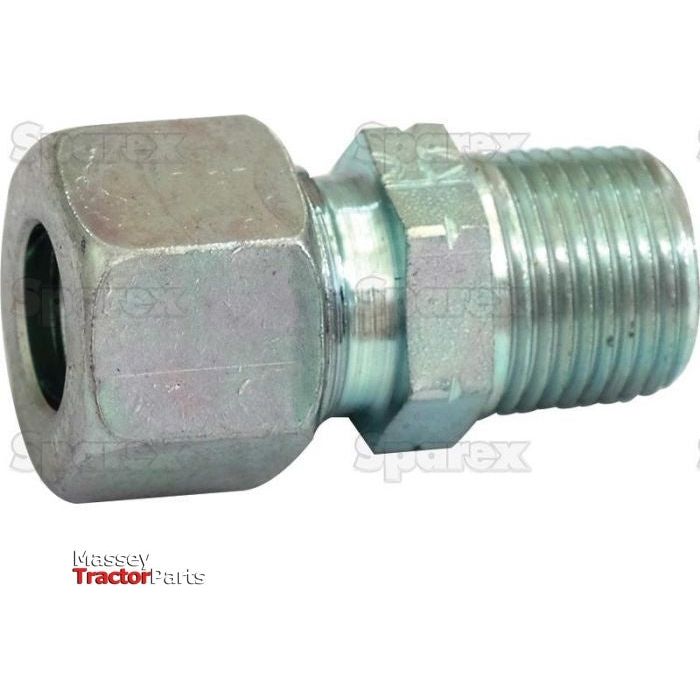 Close-up of the Hydraulic Metal Pipe Stud Coupling 12L - M18 x 1.5 (Sparex Part No.S.34313), featuring threaded sections on both ends, resembling a male stud coupling, typically used for connecting hoses in machinery.