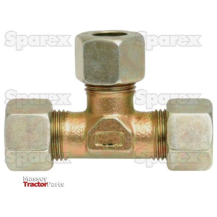 The "Hydraulic Metal Pipe Tee Coupling T.V. 10L" (Sparex Part No.S.34102) by Sparex is a metal T-shaped pipe fitting with threaded ends and large hexagonal nuts on each arm, specifically designed for 10mm Pipe O.D. The background features faint "Sparex" watermarks and a "Massey Tractor Parts" logo in the corner. It is ideal as an equal tee coupling or compression fitting for various applications.