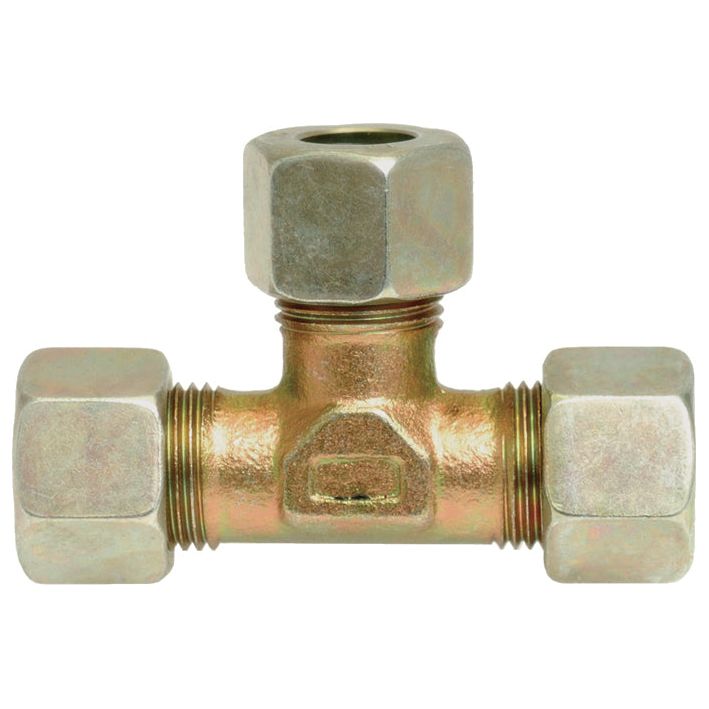 The Sparex Hydraulic Metal Pipe Tee Coupling T.V. 10L (Part No. S.34102) features three hexagonal connectors, with the central vertical connection pointing upwards and the two horizontal connections aligned opposite each other. This Equal Tee Coupling is meticulously designed to fit a 10mm Pipe O.D., providing a secure Compression Fitting solution.