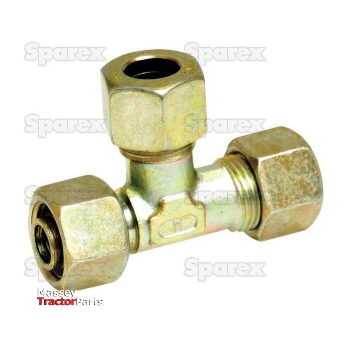 A hydraulic metal pipe tee standpipe coupling E.L.V. 8L coupler branch, featuring three hexagonal nuts, ideal for connecting pipes or tubing. The background features the text "Sparex" and "Massey Tractor Parts." This stud tee is compatible with PARKER HANNIFIN components and is available as Sparex Part No. S.34181.
