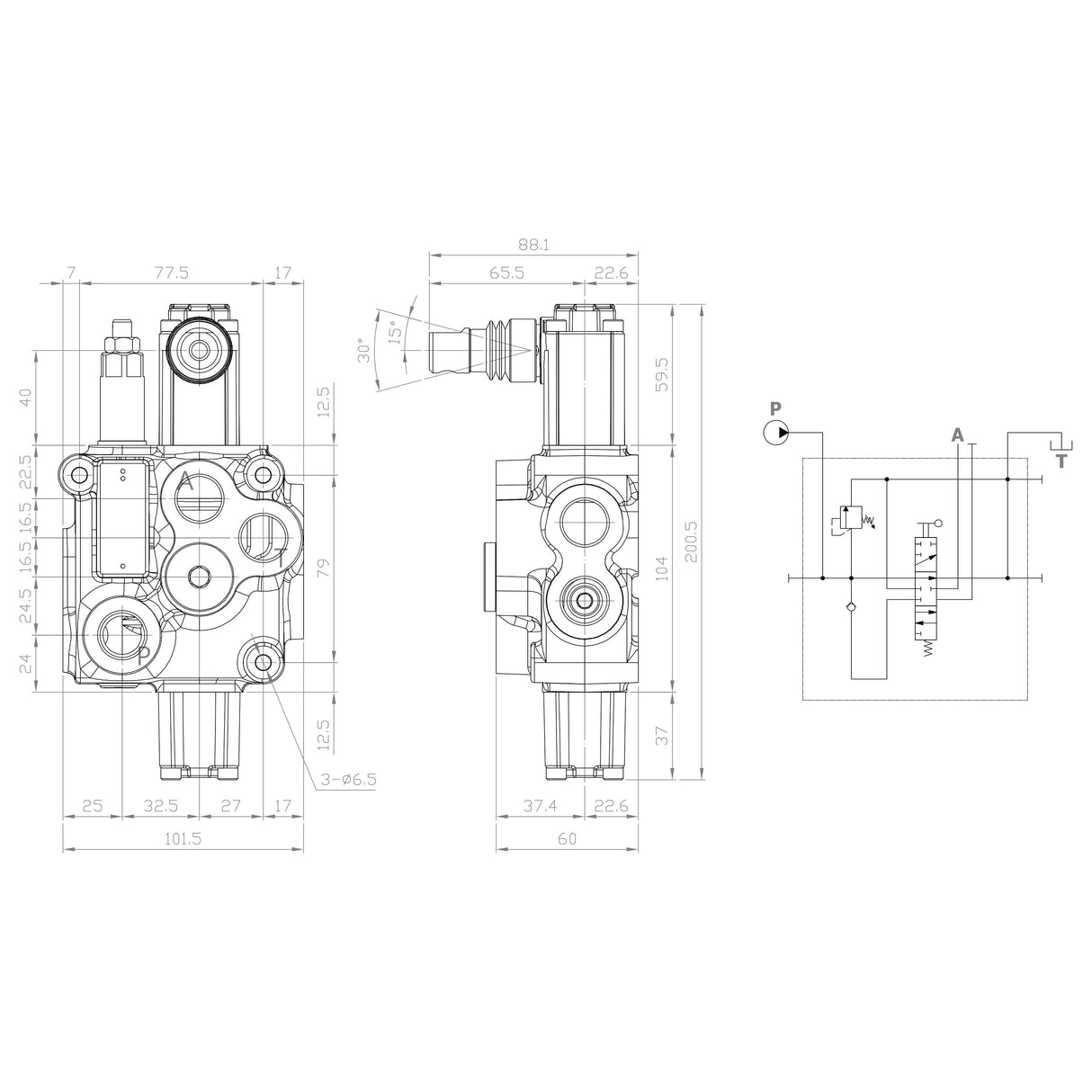 Technical drawing of the Sparex Hydraulic Monoblock Valve 1/2'' BSP Ports 1 Bank (60 L/min Flow Rate) | Sparex Part No.S.24455, showing front and side views, along with a schematic diagram that includes detailed dimensions for the single acting spools.