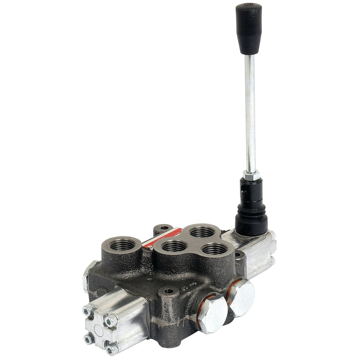 Picture of the Sparex Hydraulic Monoblock Valve 1/2'' BSP Ports 1 Bank (60 L/min Flow Rate) with multiple ports, double acting spools, and a long, vertical lever handle (Sparex Part No. S.24456).