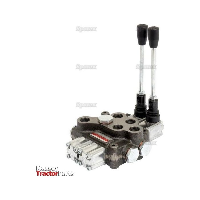 Sparex Hydraulic Monoblock Valve 1/2'' BSP Ports 2 Bank (60 L/min Flow Rate) with dual levers. Branded "Sparex" on the image background. Features a maximum working pressure for optimal performance. Available as Sparex Part No.S.24459.