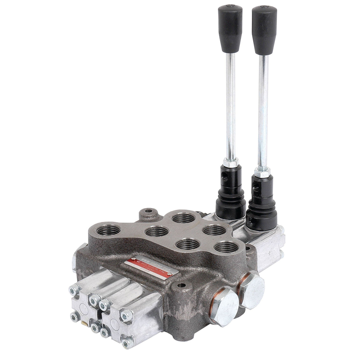 The Sparex Hydraulic Monoblock Valve, featuring two levers, double-acting spools, and multiple 1/2'' BSP ports on a sturdy metal body, is designed for fluid control in machinery systems. With a maximum working pressure of 315 bar and capable of supporting a flow rate of up to 60 LPM, this valve is available under Sparex Part No. S.24460.