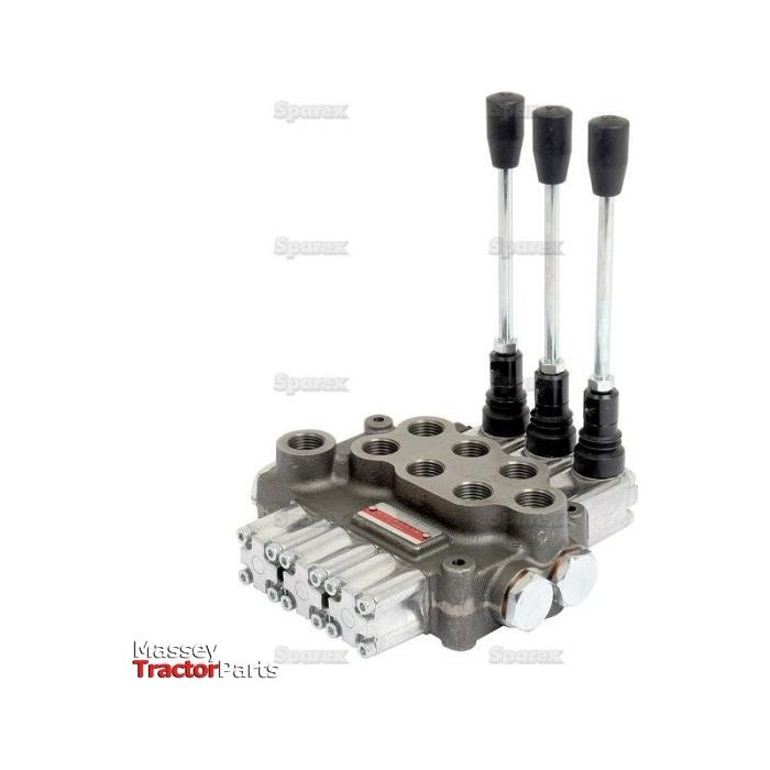 The Sparex Hydraulic Monoblock Valve, available under Sparex Part No. S.24463, features three levers and multiple 1/2'' BSP ports, engineered for a 60 L/min flow rate.