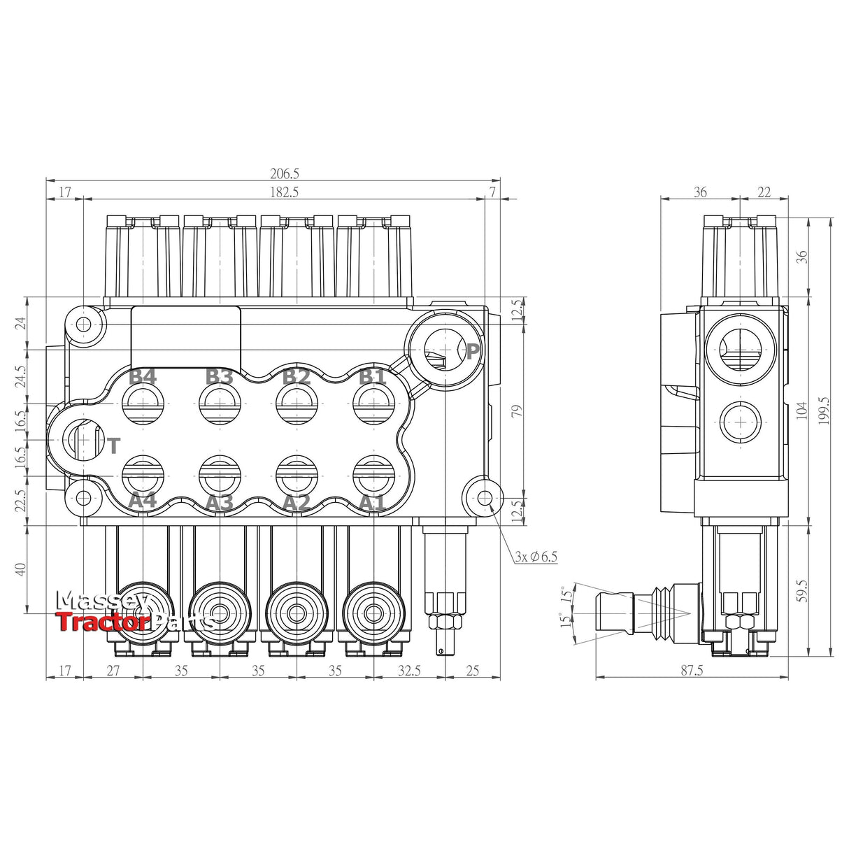 Technical drawing of the Sparex Hydraulic Monoblock Valve 1/2'' BSP Ports 4 Bank (60 L/min Flow Rate) by Sparex. The drawing includes detailed measurements and dimensions in millimeters, displaying the front and side views of the component, along with information on the relief valve setting. (Sparex Part No.S.24467)