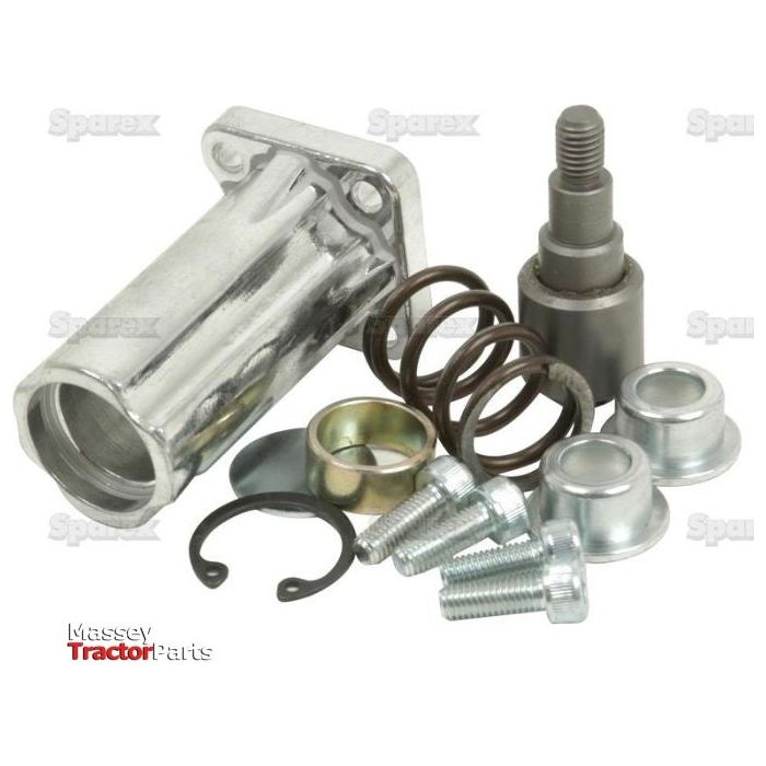 A Detent Kit comprising metal and rubber components, including springs, bolts, a cylindrical housing, and various fittings from Sparex—specifically the Sparex - Detent Kit - Fits Sparex 3/8'' & 1/2'' Monoblock Valve (Sparex Part No.S.24450)—arranged on a white background.
