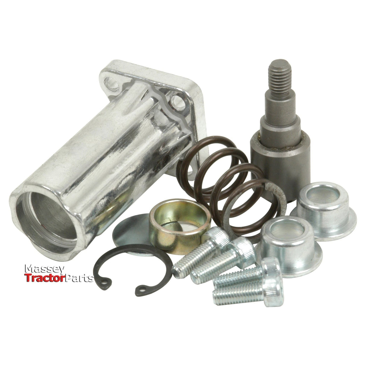 Various tractor parts, including springs, bolts, washers, and a metal housing, are arranged on a plain background. The text "Massey Tractor Parts" is visible in the corner. A Sparex Detent Kit, which fits Sparex 3/8'' & 1/2'' Monoblock Valve (Sparex Part No.S.24450), lies beside other components from Sparex.