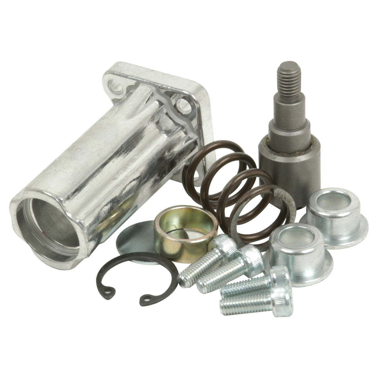 A collection of mechanical parts including a metal housing, a threaded rod, springs, washers, bolts, and various fittings on a white background. Ideal for use in the Sparex Detent Kit (Sparex Part No.S.24450) or as components in the Sparex 3/8'' & 1/2'' Monoblock Valve assembly.