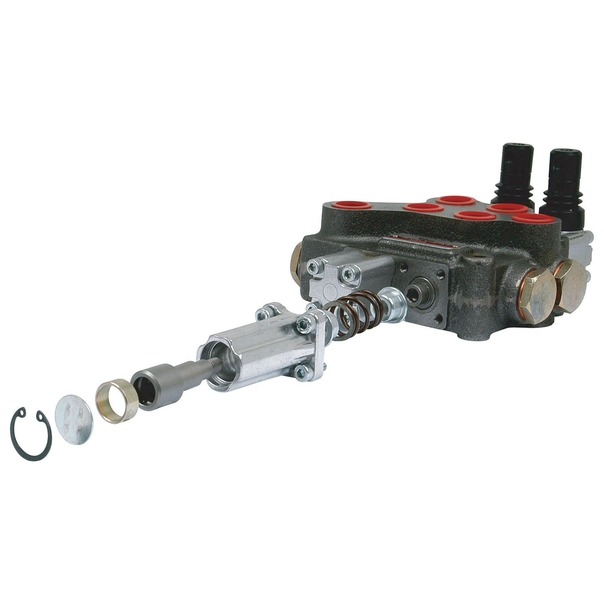 A hydraulic valve assembly, featuring the Sparex Detent Kit (Sparex Part No. S.24450) designed for Sparex 3/8'' & 1/2'' Monoblock Valves, with disassembled components laid out in an orderly fashion on a white background.