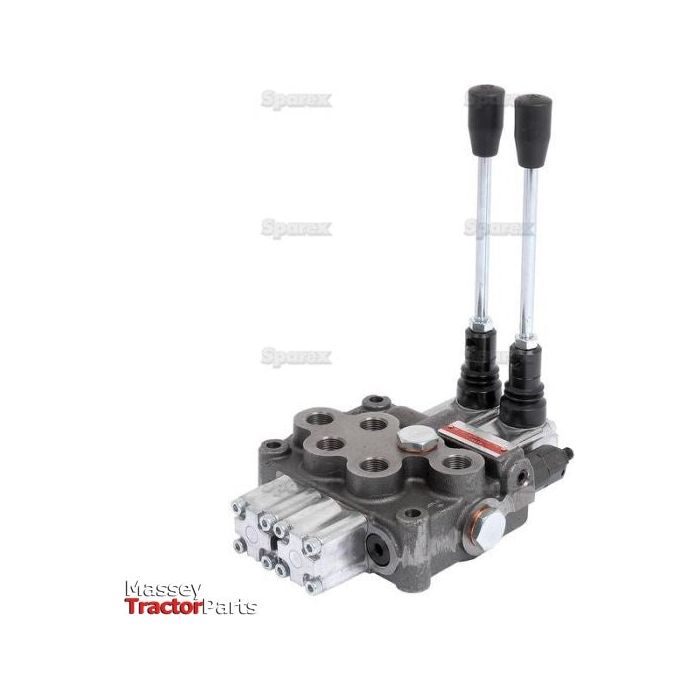 The Sparex Hydraulic Monoblock Valve 3/8'' BSP Ports 2 Bank (Sparex Part No. S.24439) offers a Relief Valve Setting of 220 bar and a Maximum Flow Rate of 45 LPM, and is labeled under Massey Tractor Parts.