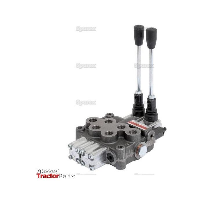 The Sparex Hydraulic Monoblock Valve, designated as Sparex Part No. S.24440, is a hydraulically controlled valve with double-acting spools and two levers, specifically designed for tractor systems. Featuring 3/8'' BSP multiple connection ports, it supports a 45 L/min flow rate and withstands pressures up to 315 bar. The valve is branded with "Sparex" on the side.