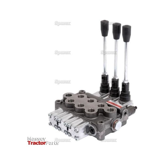 The Sparex Hydraulic Monoblock Valve 3/8'' BSP Ports 3 Bank (45 L/min Flow Rate) | Sparex Part No.S.24443 is displayed on a white background, featuring three levers and double-acting spools. The "Massey Tractor Parts" logo is visible in the bottom left corner.