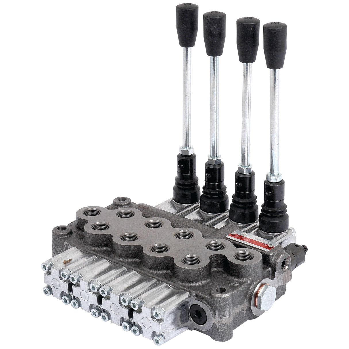 The Sparex Hydraulic Monoblock Valve 3/8'' BSP Ports 4 Bank (45 L/min Flow Rate) | Sparex Part No.S.24447 features a metal body, four lever handles, double acting spools, and multiple connection ports.