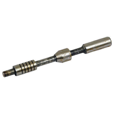 A rusted Hydraulic Piston Valve, Sparex Part No.S.58843 by Sparex, with threaded ends and two different-sized cylindrical components in the middle, reminiscent of an aged John Deere hydraulic part.