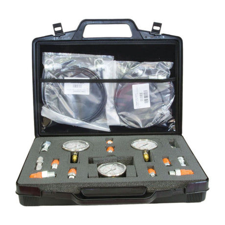 The Sparex Hydraulic Pressure Gauge Kit (3 x Gauges) - S.145174 comes in a plastic toolbox and includes pressure gauges, hoses, BSP gauge adaptors, and connectors, all neatly organized in foam cutouts.
