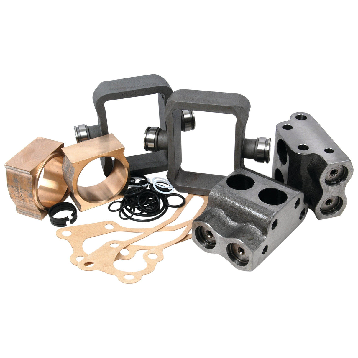 Assorted mechanical parts, including metal brackets, bushings, O-rings, gaskets, and a multi-port block for MK2 Hydraulic Pump systems by Sparex (Hydraulic Pump Repair Kit | Sparex Part No. S.17368), isolated on a white background.