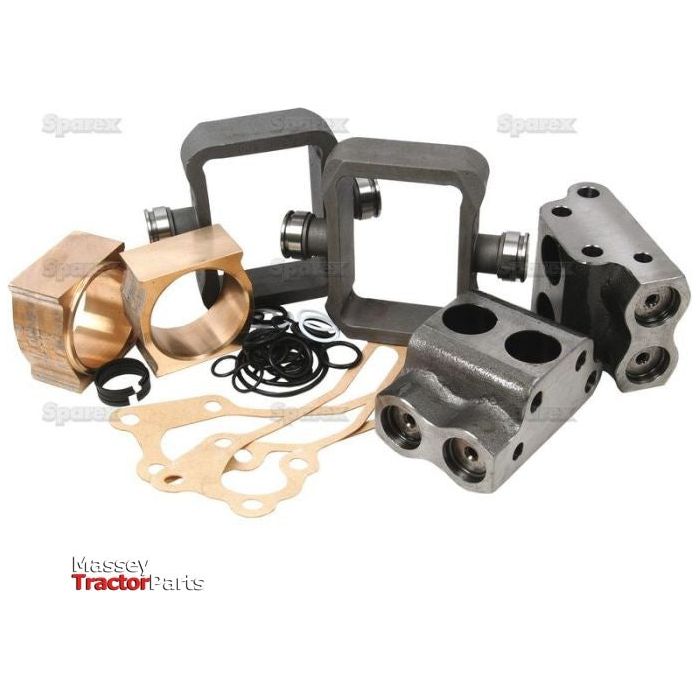 Image showing a collection of tractor parts, including metal brackets, gaskets, seals, and a Massey Ferguson logo in the bottom left corner. Among the items is a Hydraulic Pump Repair Kit by Sparex (Part No. S.17368).