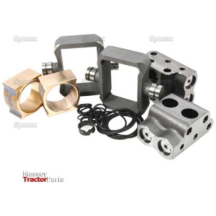 Various mechanical parts, including bushings, piston rings, and blocks, displayed on a white background. A Sparex Hydraulic Pump Repair Kit - S.40843 is also visible, with the Massey Tractor Parts logo prominently displayed.