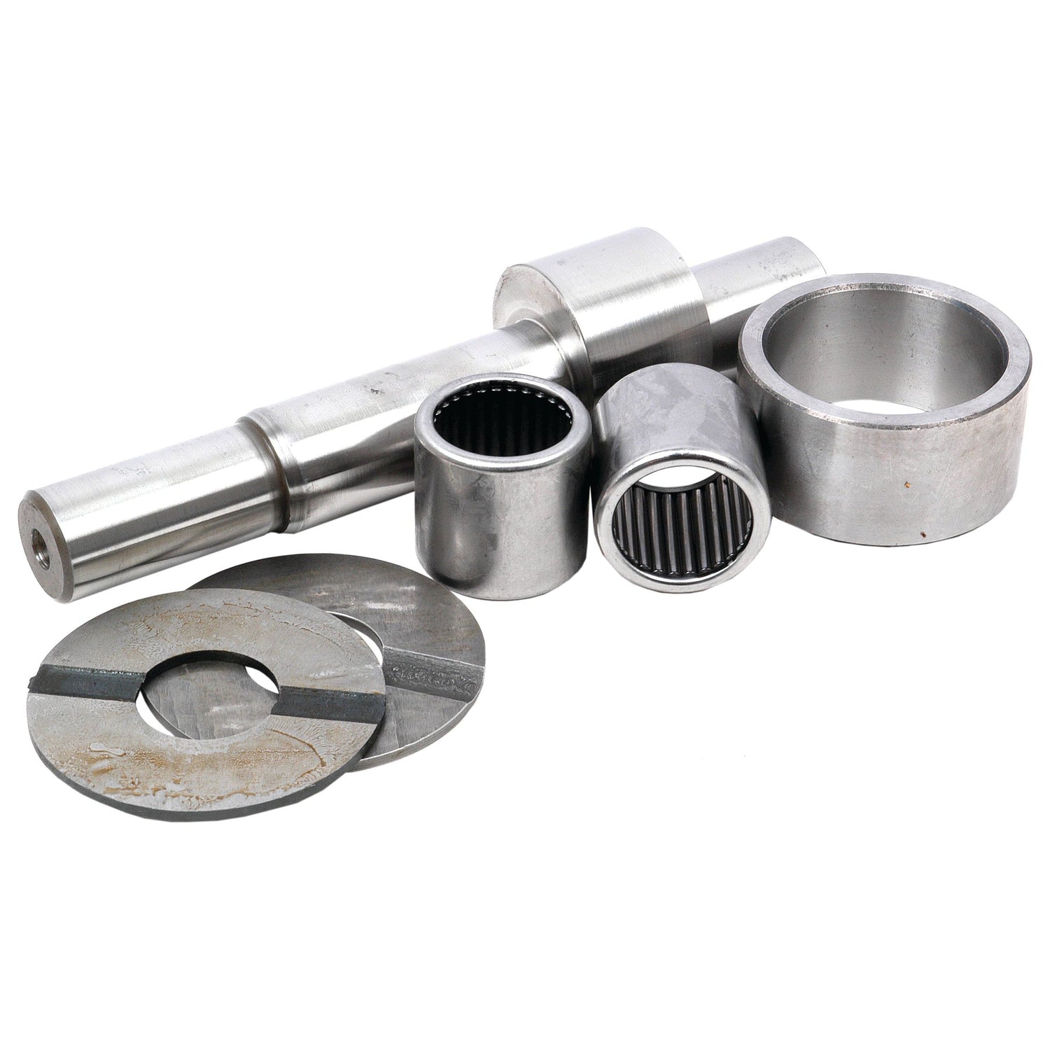 Several metal mechanical components, including cylindrical shafts, bearings, washers, and bushings from the Sparex Hydraulic Pump Repair Kit (Sparex Part No.S.72412), are arranged together on a white background.