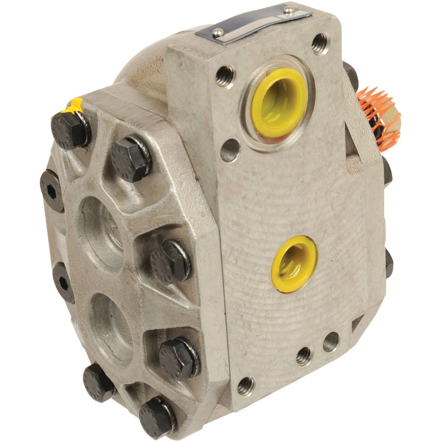Close-up of a Sparex Hydraulic Pump - S.57798 metal component featuring multiple bolts, yellow highlights, and an orange gear segment, likely part of a hydraulic or industrial machinery system.