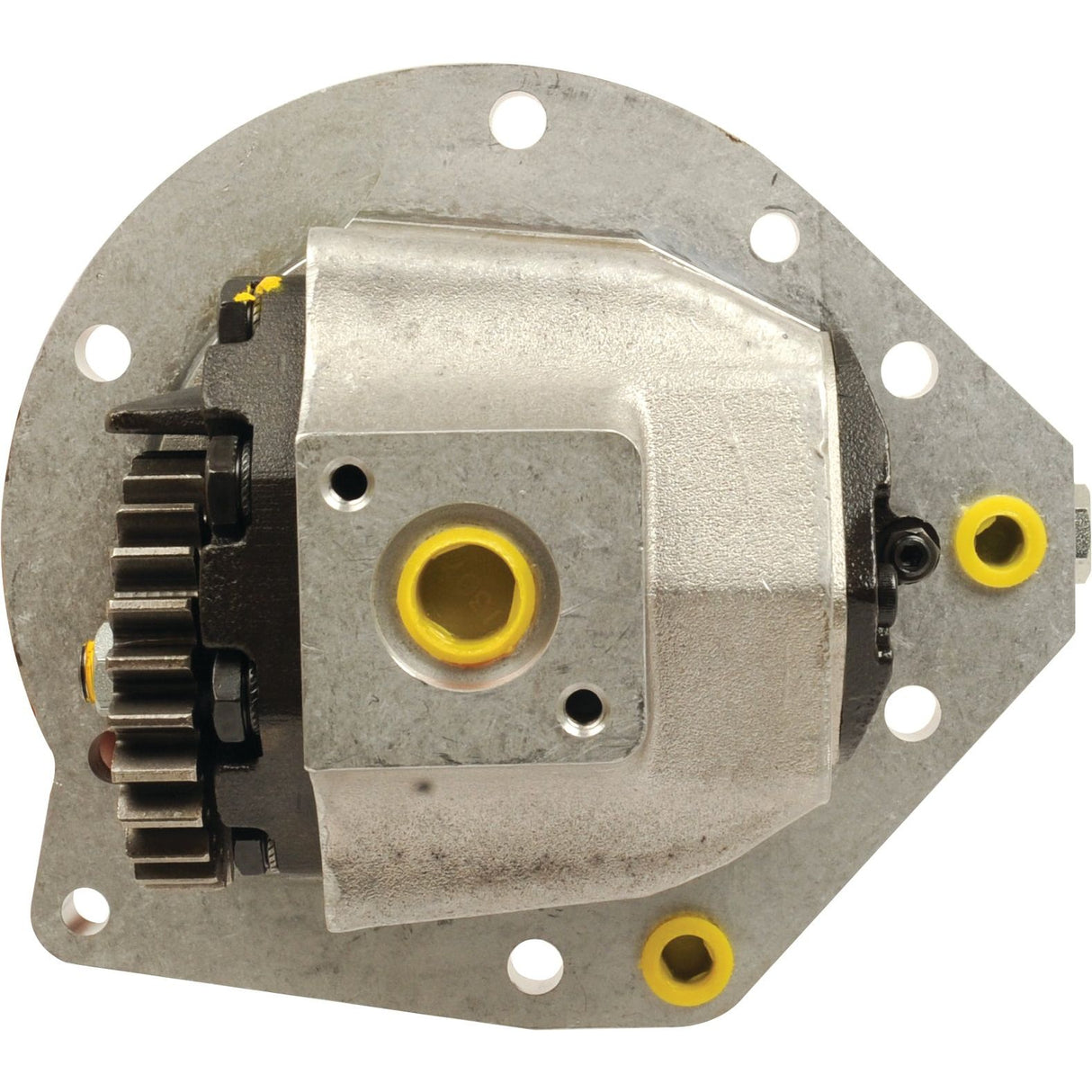 Close-up view of a Sparex Hydraulic Pump (Sparex Part No.S.65384), highlighting its gear-type mechanical components with various gears and metallic parts, featuring circular holes and yellow connectors on its surface, likely part of a transmission-mounted hydraulic system.