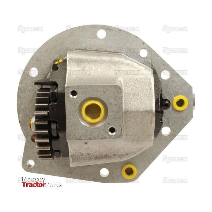 Close-up view of a Sparex Hydraulic Pump (Part No. S.65384), highlighting its gears, mounting holes, and metal casing against a white background with faint text. This gear type component is crucial for transmission-mounted systems in modern tractors.