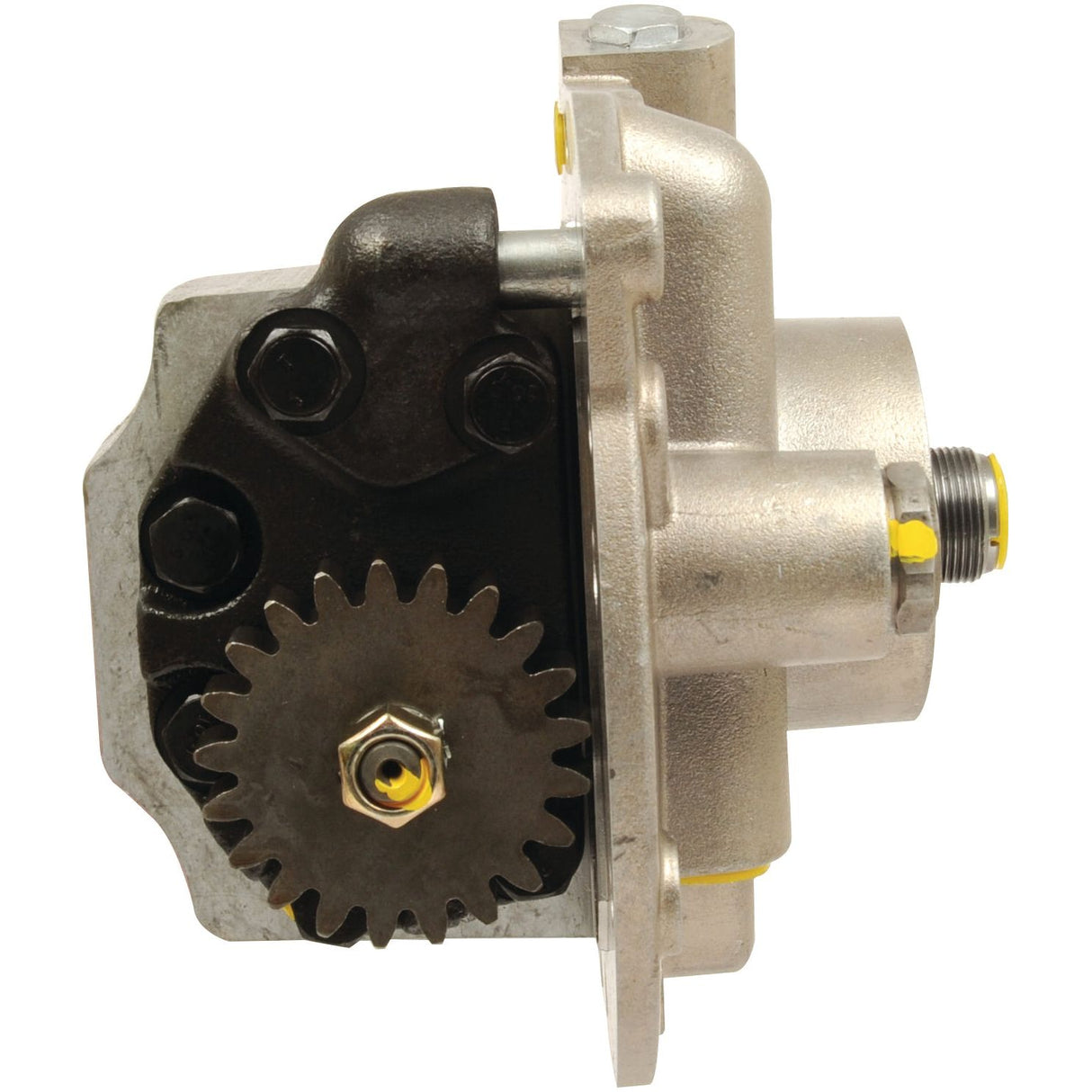 Close-up of a mechanical component featuring a metal casing, exposed gears, and multiple bolts. The equipment appears to be the Hydraulic Pump | Sparex Part No.S.65385 by Sparex, with precision engineering elements ideal for industrial applications.