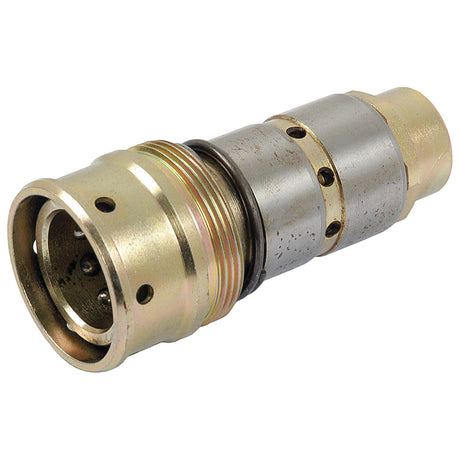 Close-up of the Hydraulic Quick Release Coupling Female Sleeve 1/2'' by Sparex, showcasing a carbon steel metallic cylindrical design with several precision-engineered holes and grooves, featuring components in varying metal shades.