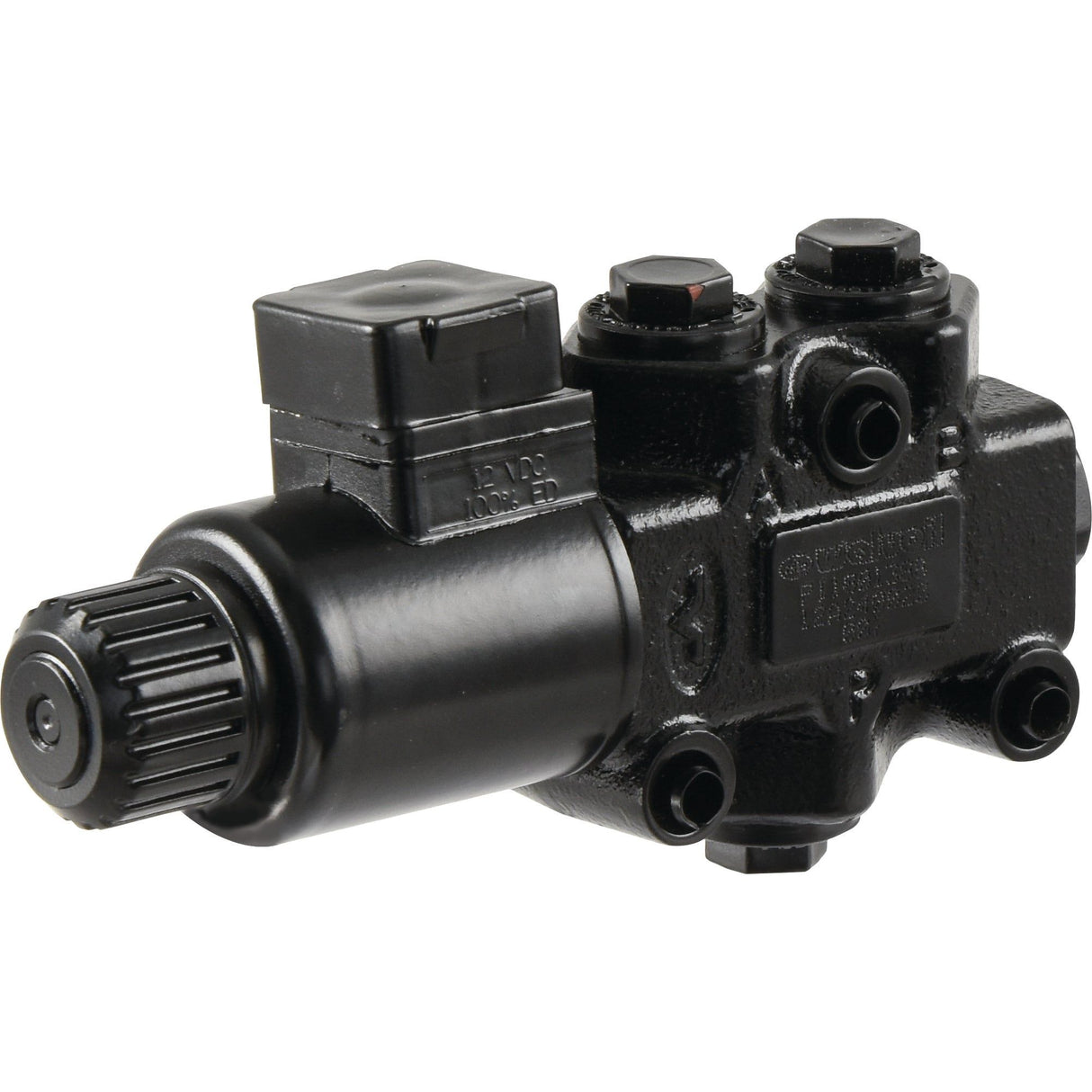 The Sparex Walvoil Hydraulic Electric Diverter Valve features 3 ports with 3/8'' BSP, a cylindrical actuator, and is designed to handle a high flow rate of 30 L/min at 12V (DC).
