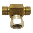 The Hydraulic Tee Piece 3/8'' BSP Male x 3/8'' BSP Male x 3/8'' BSP Swivel Female from Sparex, featuring product code S.26519, has male threaded connectors on either side and a female swivel threaded connector at the bottom. This fitting is ideal for a variety of applications.