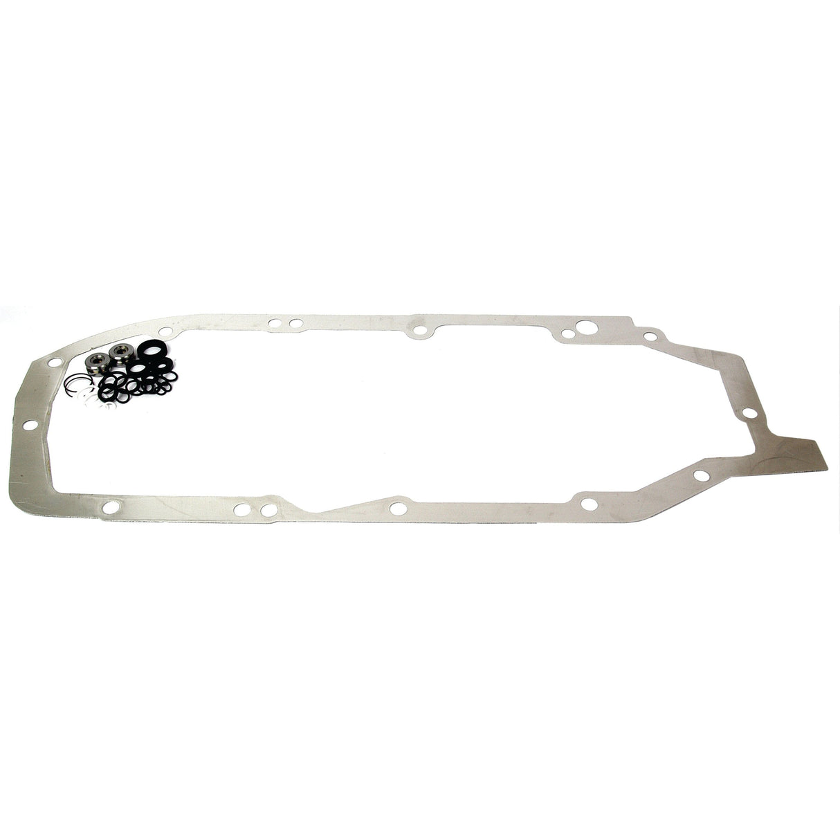 A metal gasket, including several small, round black and silver washers positioned on the left side, is compatible with the Sparex Hydraulic Top Cover Gasket (Part No. S.58888) for John Deere equipment.