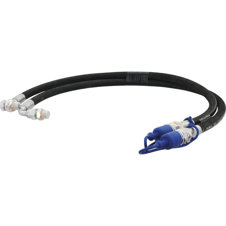 Two Sparex Hydraulic Top Link Hose Assemblies, each 800mm long, with metal fittings and blue connectors on one end, coiled side by side. One hose is equipped with a 3/8'' BSP quick release coupler for easy attachment and detachment.