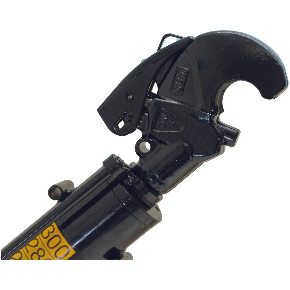 Close-up of the upper mechanism of a Sparex Hydraulic Top Link (Cat.1/2) Ball and Q.R CBM Hook, featuring a black metal C-shaped jaw and lever system with a cylinder bore of 63mm, essential for securing hose sets in place.