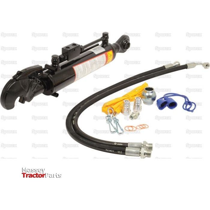 Sparex Hydraulic Top Link Kit (Cat.1/2) with Ball and Q.R CBM Hook, featuring a 70mm bore cylinder with a minimum length of 550mm, hoses, connectors, and various hardware pieces. This kit includes a check valve for added safety and reliability. Displayed against a white background. Sparex Part No.S.331071